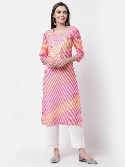 Women's Pink Cotton Printed Kurta with Pant and Dupatta by Myshka (
