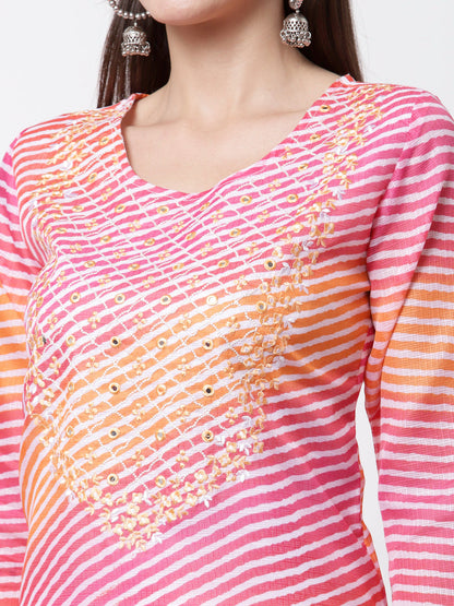 Women's Pink Cotton Printed Kurta with Pant and Dupatta by Myshka (
