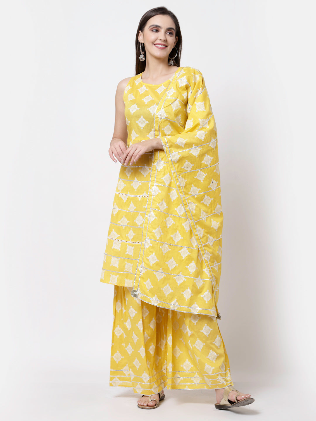Women Yellow Cotton Printed Kurta Palazzo & Dupatta Set by Myshka (
