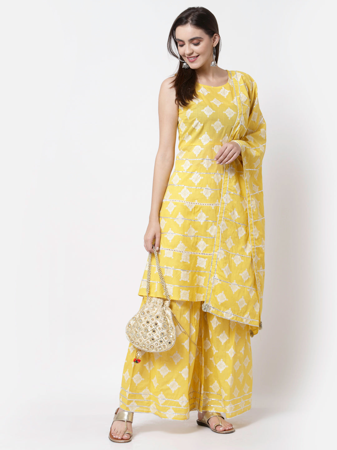 Women Yellow Cotton Printed Kurta Palazzo & Dupatta Set by Myshka (