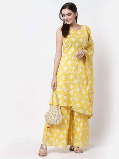 Women Yellow Cotton Printed Kurta Palazzo & Dupatta Set by Myshka (