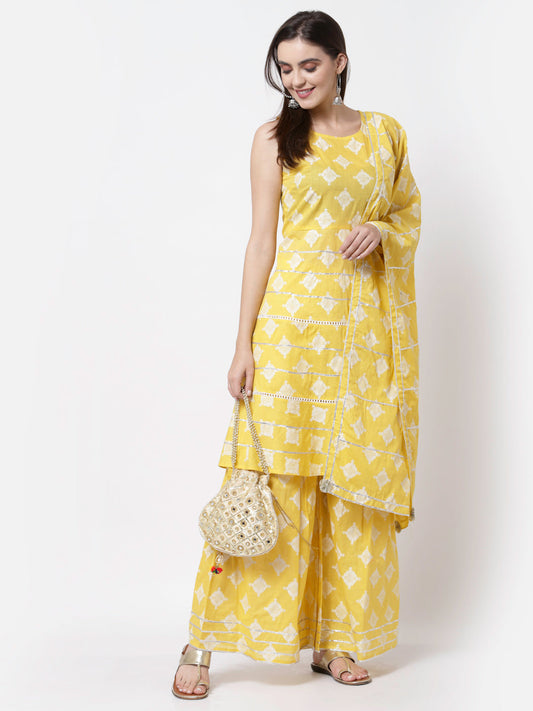 Women Yellow Cotton Printed Kurta Palazzo & Dupatta Set by Myshka (