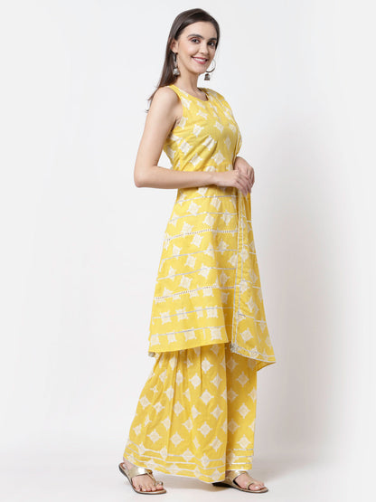 Women Yellow Cotton Printed Kurta Palazzo & Dupatta Set by Myshka (