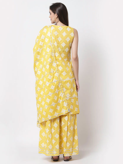 Women Yellow Cotton Printed Kurta Palazzo & Dupatta Set by Myshka (