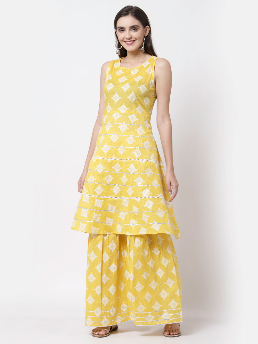 Women Yellow Cotton Printed Kurta Palazzo & Dupatta Set by Myshka (