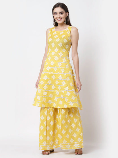Women Yellow Cotton Printed Kurta Palazzo & Dupatta Set by Myshka (