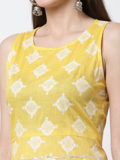 Women Yellow Cotton Printed Kurta Palazzo & Dupatta Set by Myshka (