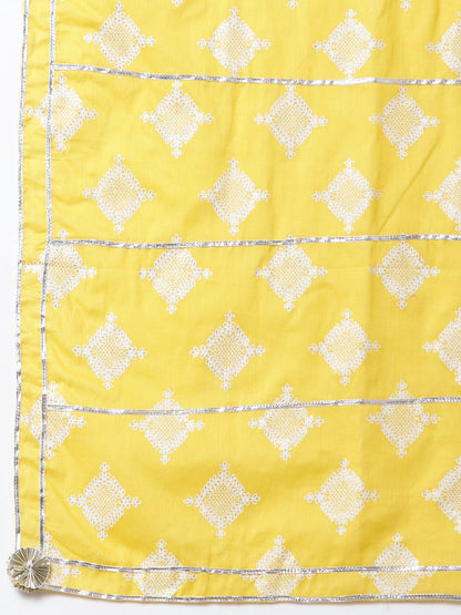 Women Yellow Cotton Printed Kurta Palazzo & Dupatta Set by Myshka (