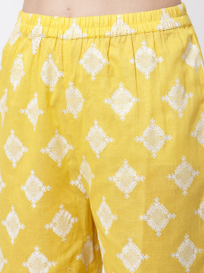 Women Yellow Cotton Printed Kurta Palazzo & Dupatta Set by Myshka (