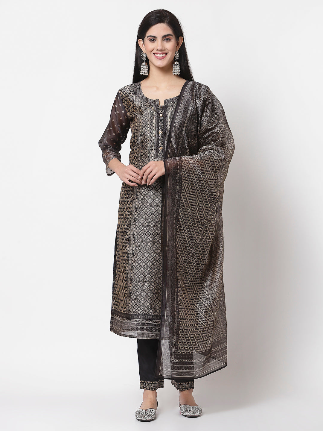 Women Black Chanderi Silk Kurta Pant & Dupatta Set by Myshka (