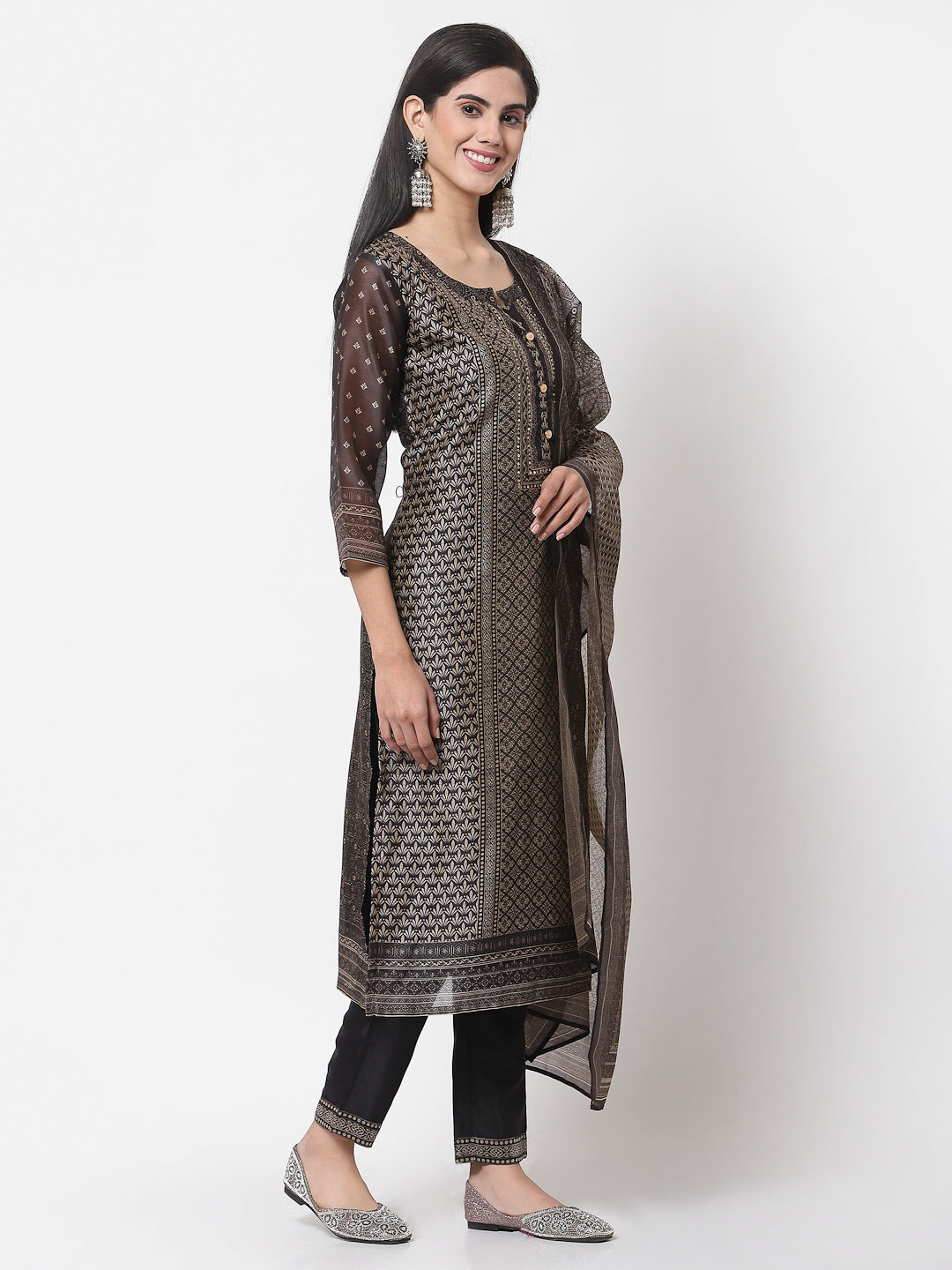 Women Black Chanderi Silk Kurta Pant & Dupatta Set by Myshka (