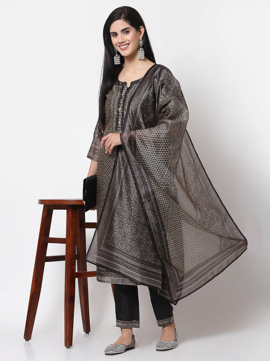 Women Black Chanderi Silk Kurta Pant & Dupatta Set by Myshka (