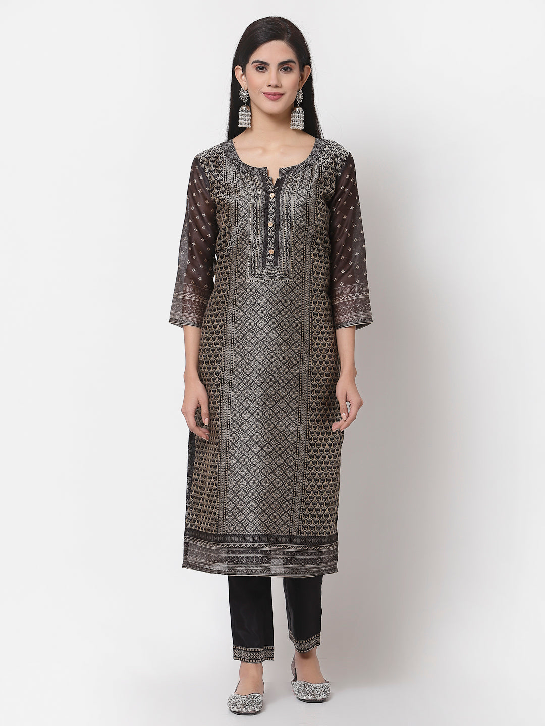 Women Black Chanderi Silk Kurta Pant & Dupatta Set by Myshka (