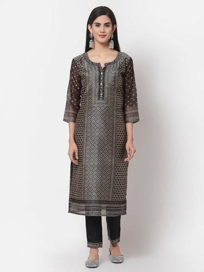Women Black Chanderi Silk Kurta Pant & Dupatta Set by Myshka (