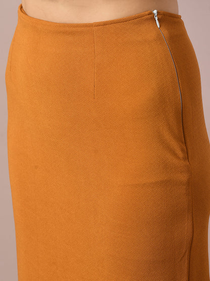 Women's  Mustard Solid Knee Length Party Embellished Skirts