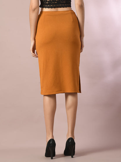 Women's  Mustard Solid Knee Length Party Embellished Skirts