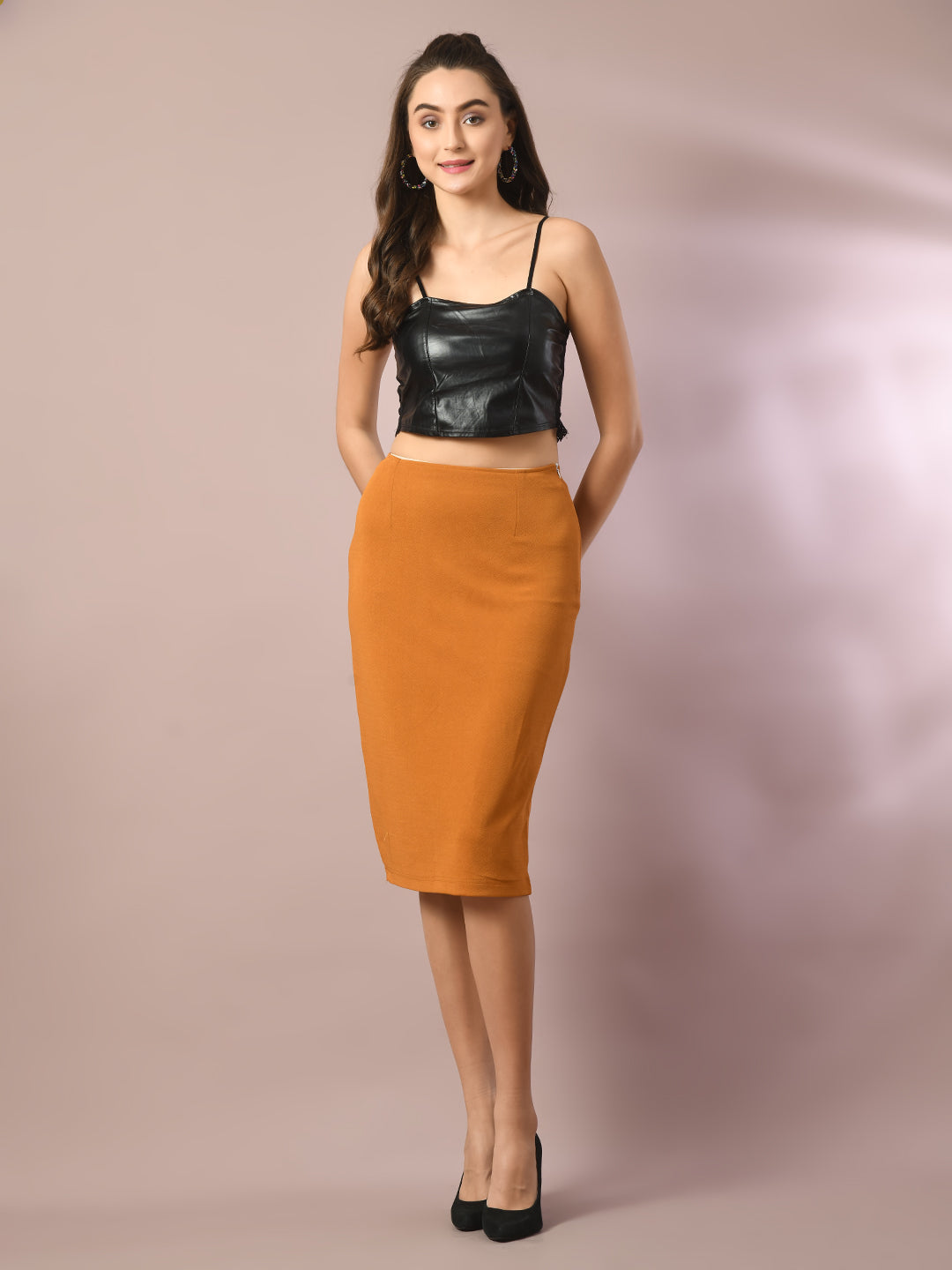 Women's  Mustard Solid Knee Length Party Embellished Skirts