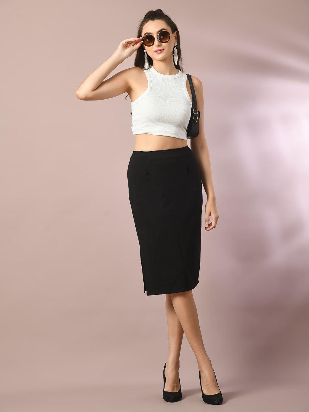 Women's  Black Solid Knee Length Party Embellished Skirts