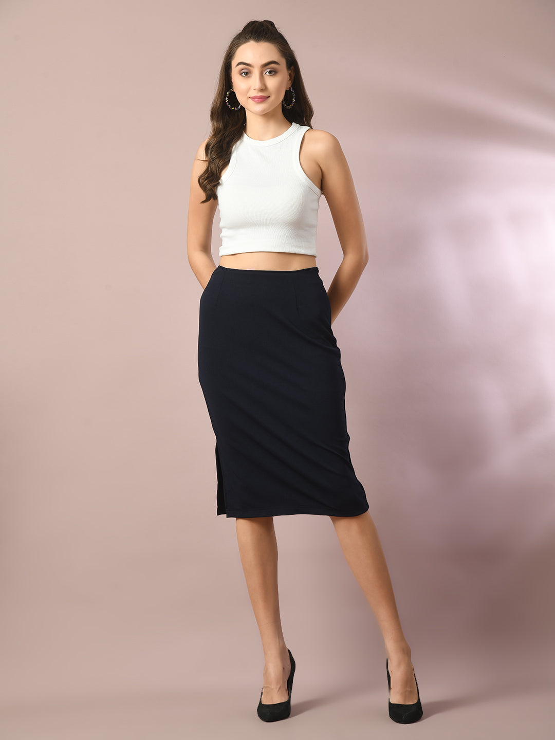 Women's  Blue Solid Knee Length Party Embellished Skirts