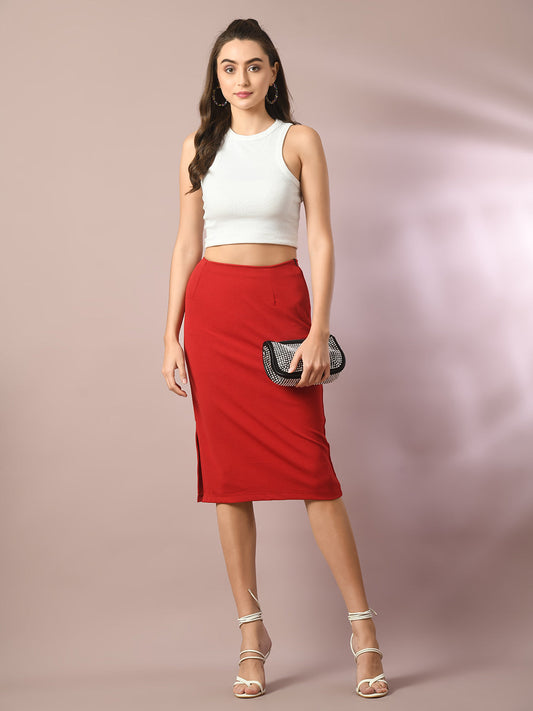 Women's  Red Solid Knee Length Party Embellished Skirts