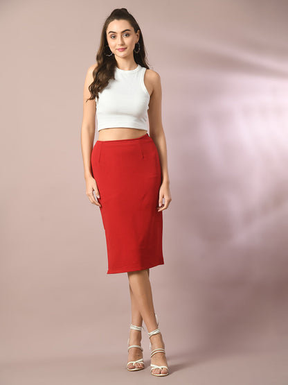 Women's  Red Solid Knee Length Party Embellished Skirts