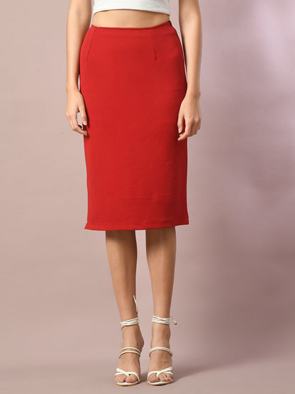 Women's  Red Solid Knee Length Party Embellished Skirts