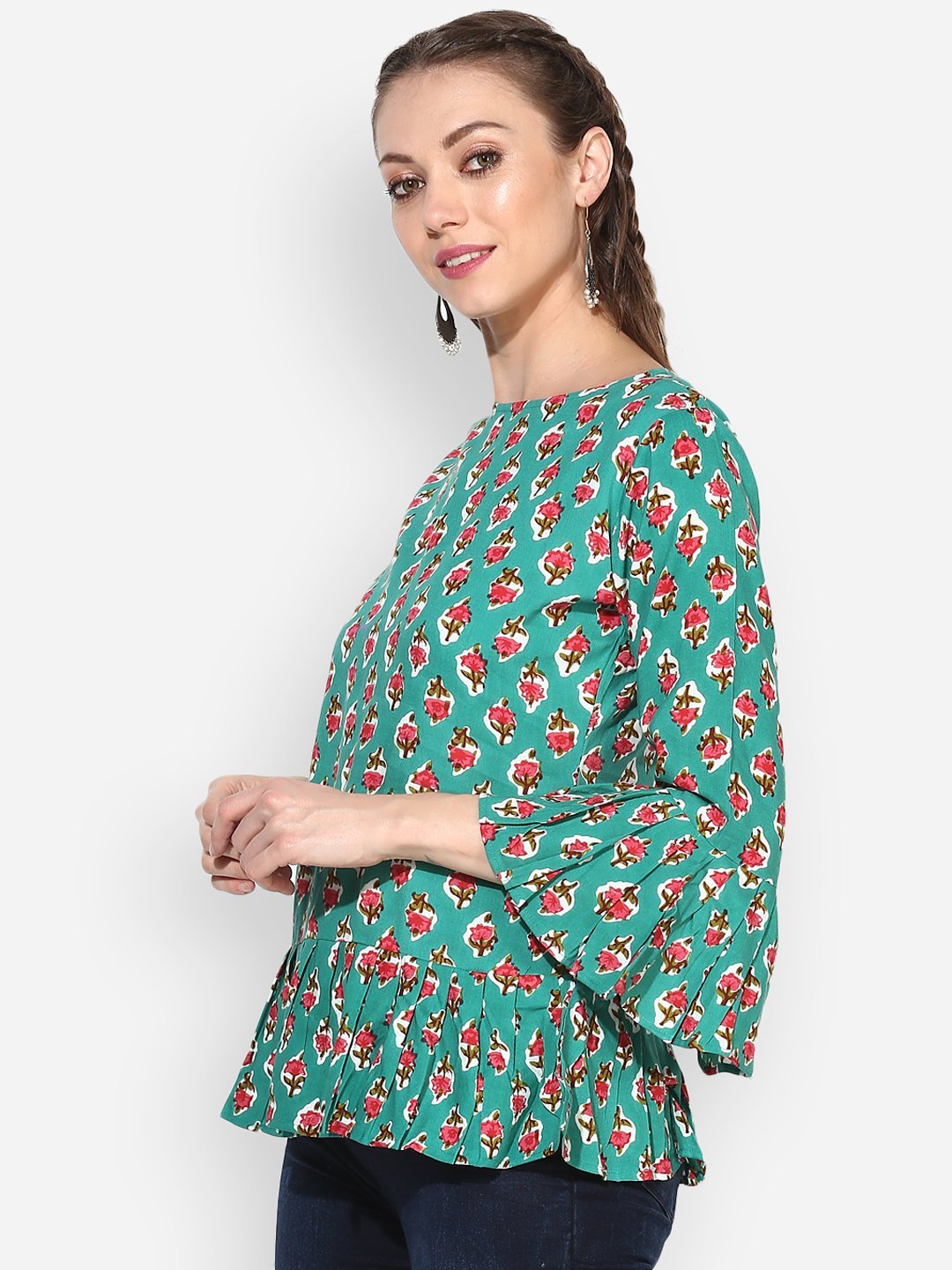 Women's Sea-Green Printed Bell Sleeve Round Rayon Casual Top