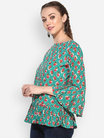 Women's Sea-Green Printed Bell Sleeve Round Rayon Casual Top