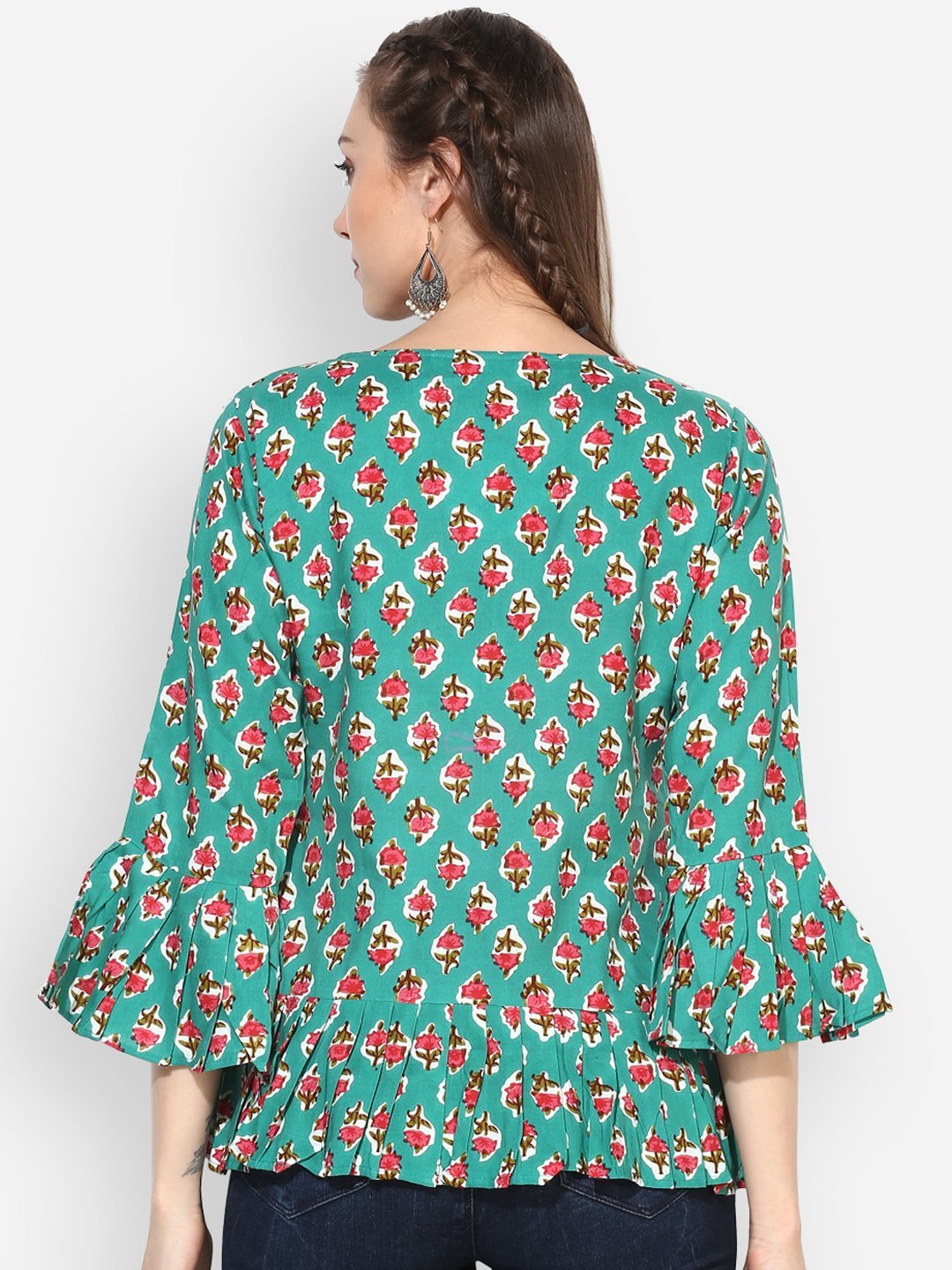 Women's Sea-Green Printed Bell Sleeve Round Rayon Casual Top