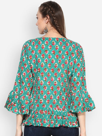 Women's Sea-Green Printed Bell Sleeve Round Rayon Casual Top