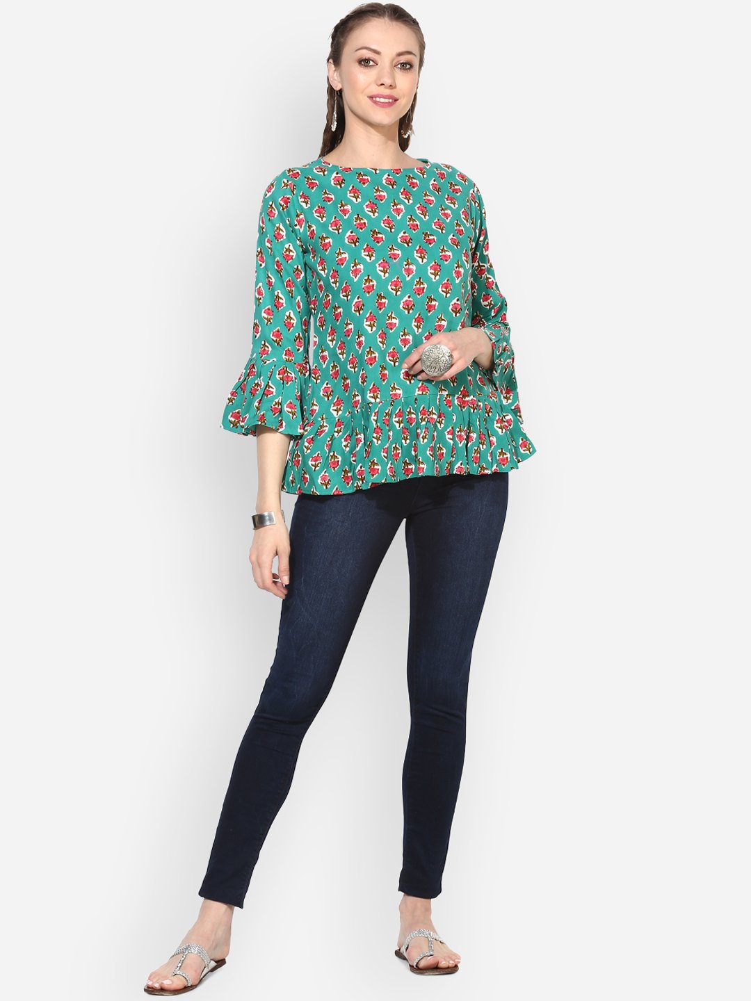 Women's Sea-Green Printed Bell Sleeve Round Rayon Casual Top
