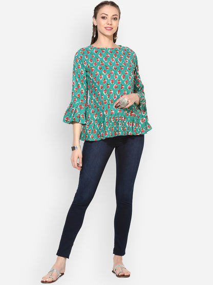 Women's Sea-Green Printed Bell Sleeve Round Rayon Casual Top
