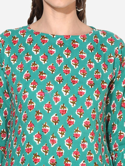Women's Sea-Green Printed Bell Sleeve Round Rayon Casual Top