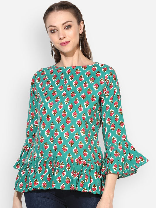 Women's Sea-Green Printed Bell Sleeve Round Rayon Casual Top