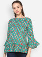 Women's Sea-Green Printed Bell Sleeve Round Rayon Casual Top