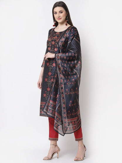 Women's Stylish Chanderi silk Round Neck 3/4 Sleeve Printed Kurta Pant Dupatta Set