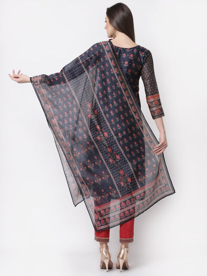 Women's Stylish Chanderi silk Round Neck 3/4 Sleeve Printed Kurta Pant Dupatta Set