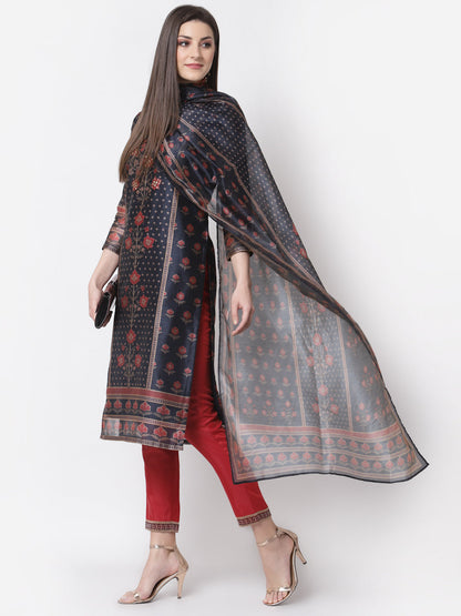 Women's Stylish Chanderi silk Round Neck 3/4 Sleeve Printed Kurta Pant Dupatta Set