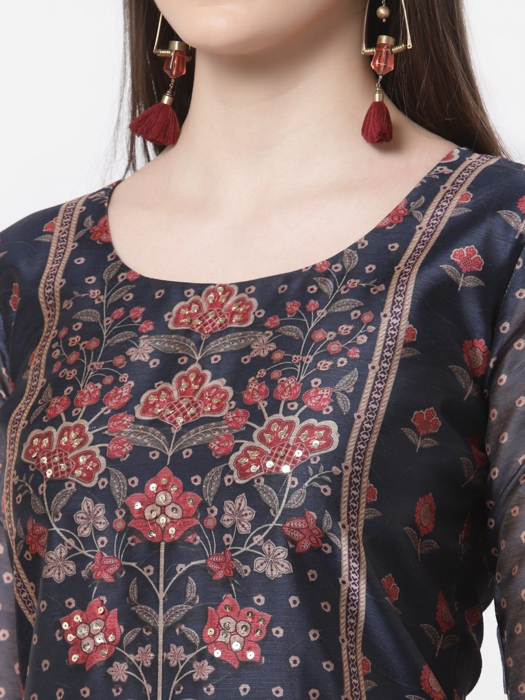 Women's Stylish Chanderi silk Round Neck 3/4 Sleeve Printed Kurta Pant Dupatta Set