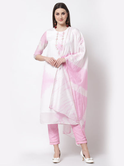 Women's Stylish Silk blend Round Neck 3/4 Sleeve Embroidered Kurta Pant Dupatta Set