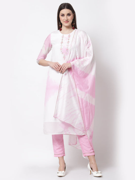 Women's Stylish Silk blend Round Neck 3/4 Sleeve Embroidered Kurta Pant Dupatta Set