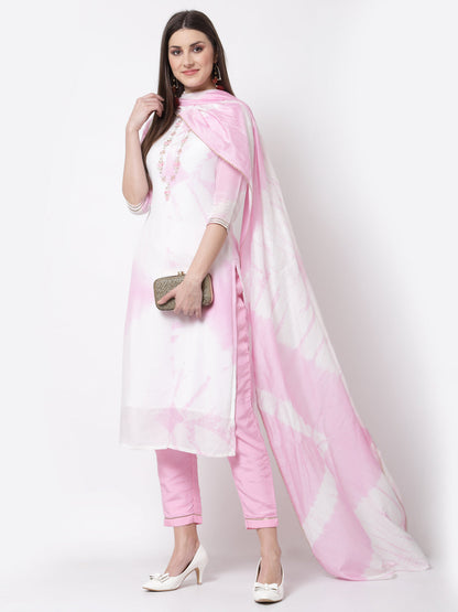 Women's Stylish Silk blend Round Neck 3/4 Sleeve Embroidered Kurta Pant Dupatta Set