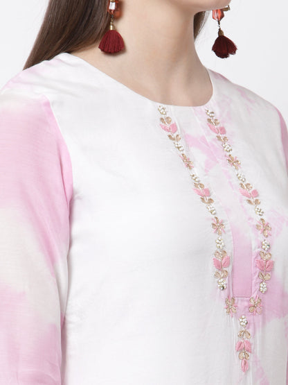 Women's Stylish Silk blend Round Neck 3/4 Sleeve Embroidered Kurta Pant Dupatta Set