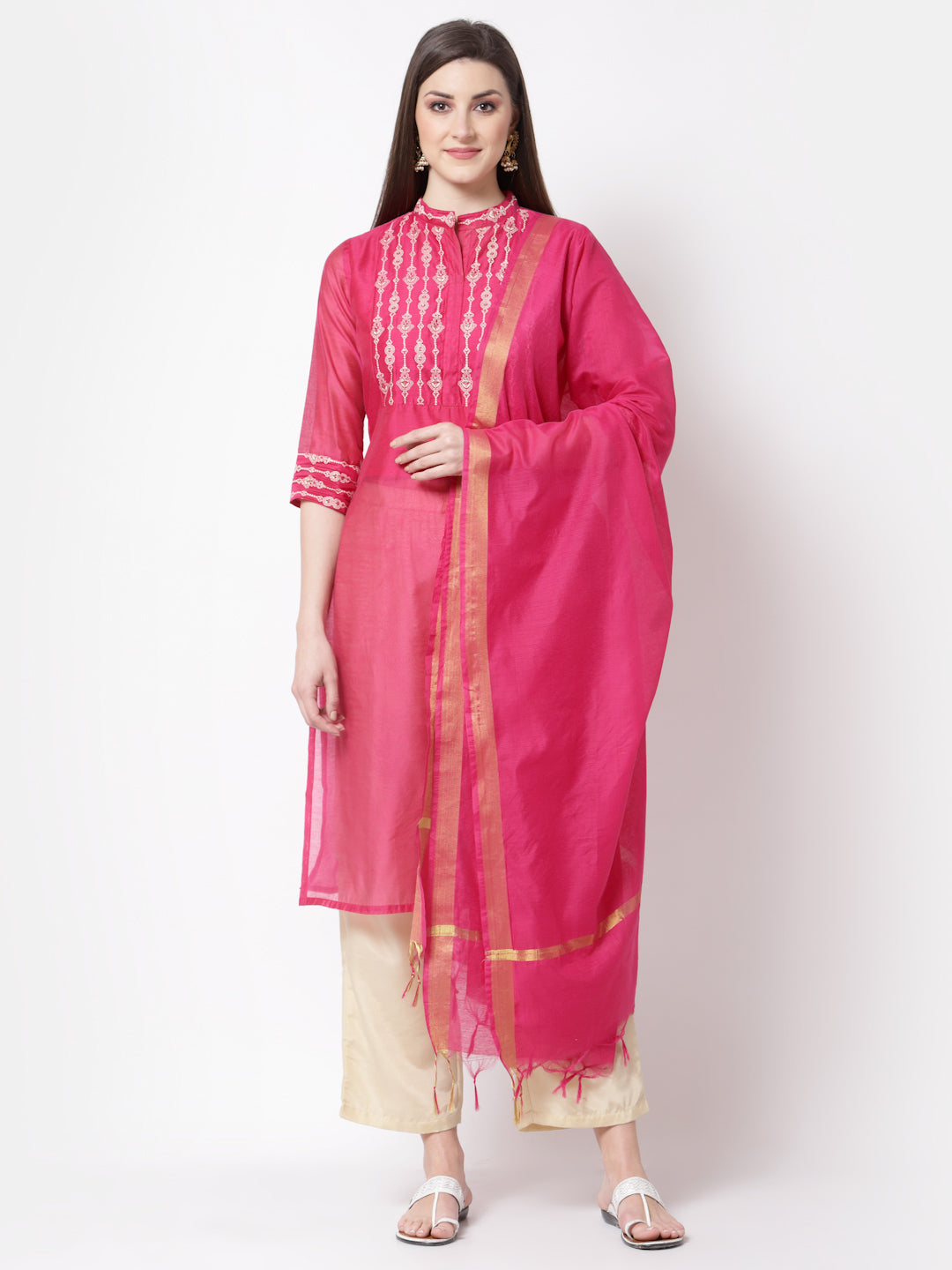 Women's Stylish Chanderi silk Chinese Collared Neck 3/4 Sleeve Printed Kurta Pant Dupatta Set