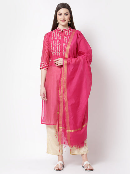 Women's Stylish Chanderi silk Chinese Collared Neck 3/4 Sleeve Printed Kurta Pant Dupatta Set