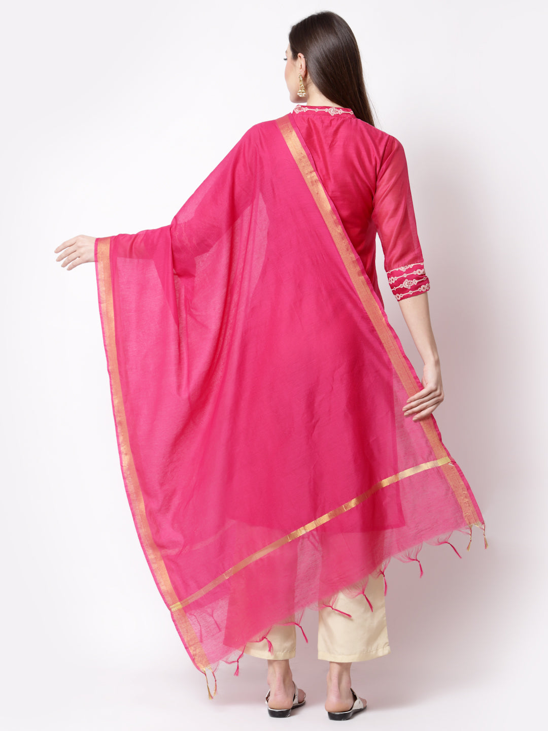 Women's Stylish Chanderi silk Chinese Collared Neck 3/4 Sleeve Printed Kurta Pant Dupatta Set