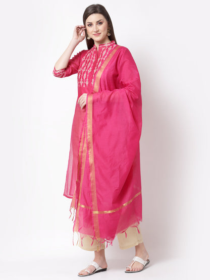 Women's Stylish Chanderi silk Chinese Collared Neck 3/4 Sleeve Printed Kurta Pant Dupatta Set