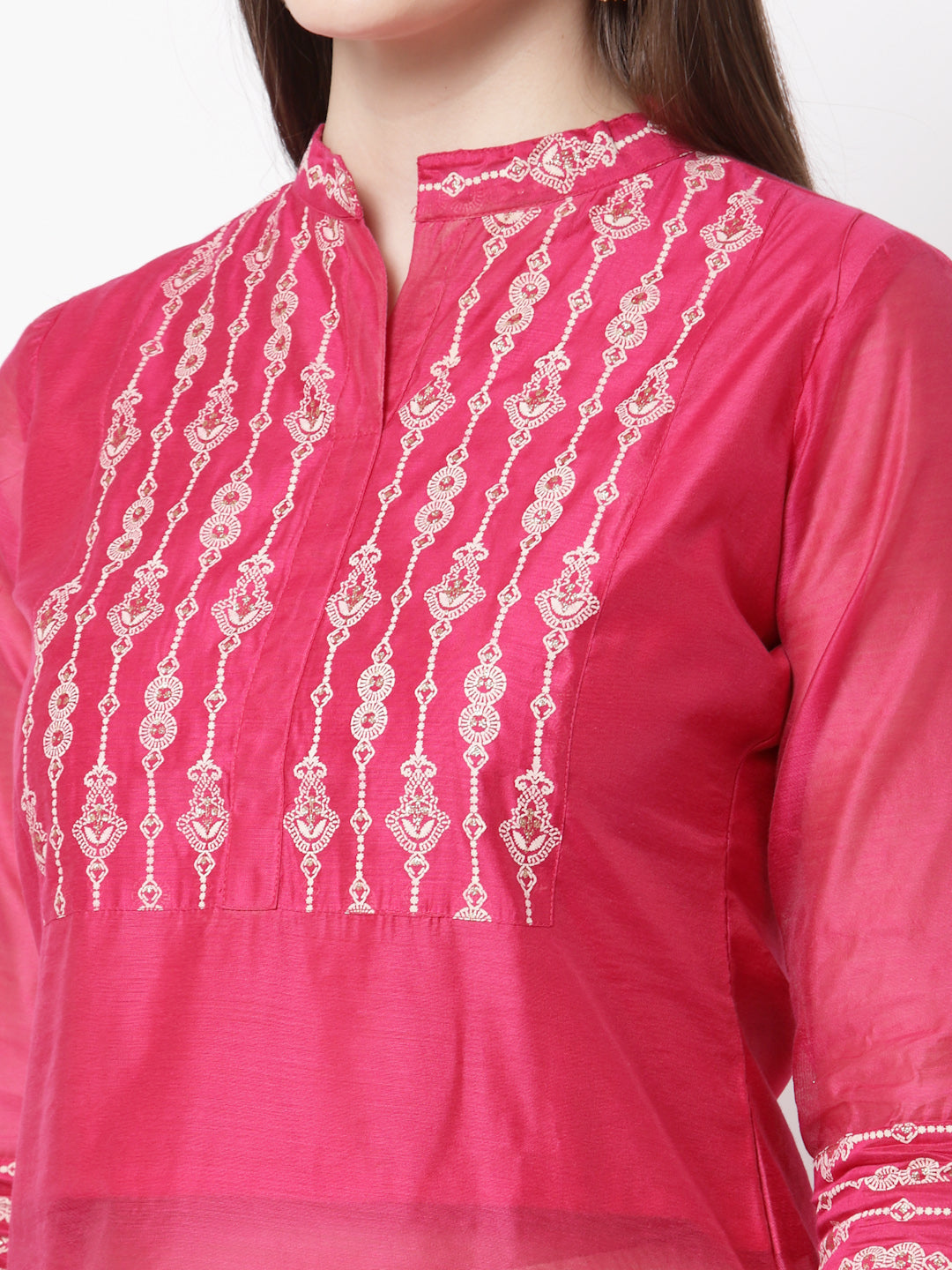 Women's Stylish Chanderi silk Chinese Collared Neck 3/4 Sleeve Printed Kurta Pant Dupatta Set