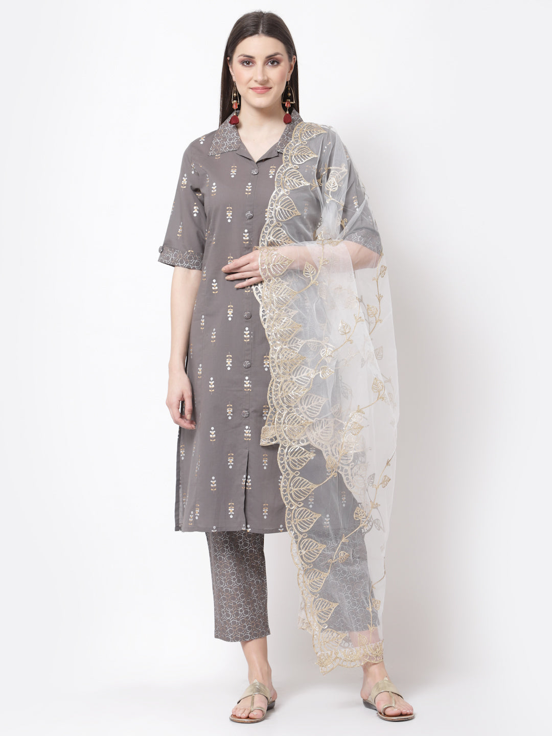 Women's Stylish cotton Collared Neck Half Sleeve Printed Kurta Palazzo Dupatta Set