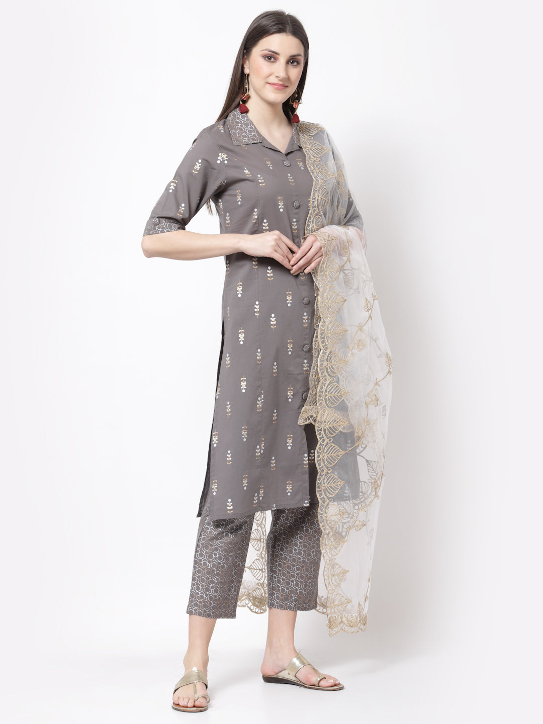 Women's Stylish cotton Collared Neck Half Sleeve Printed Kurta Palazzo Dupatta Set
